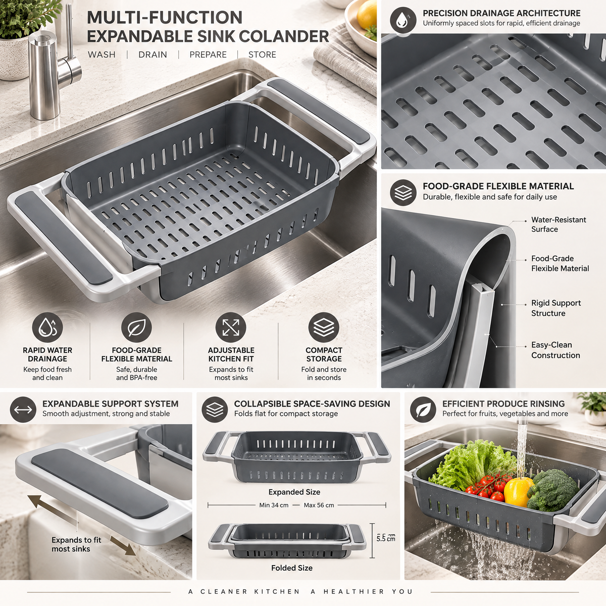 Velnarden™ Adjustable Over-the-Sink Strainer Basket