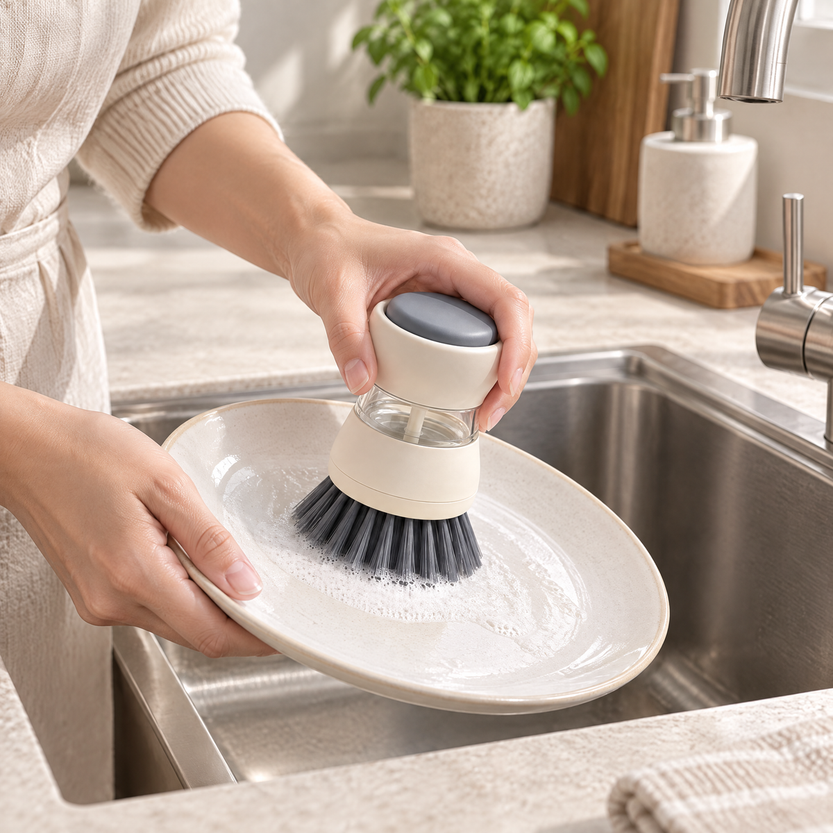Velnarden™ Soap-Dispensing Palm Dish Brush